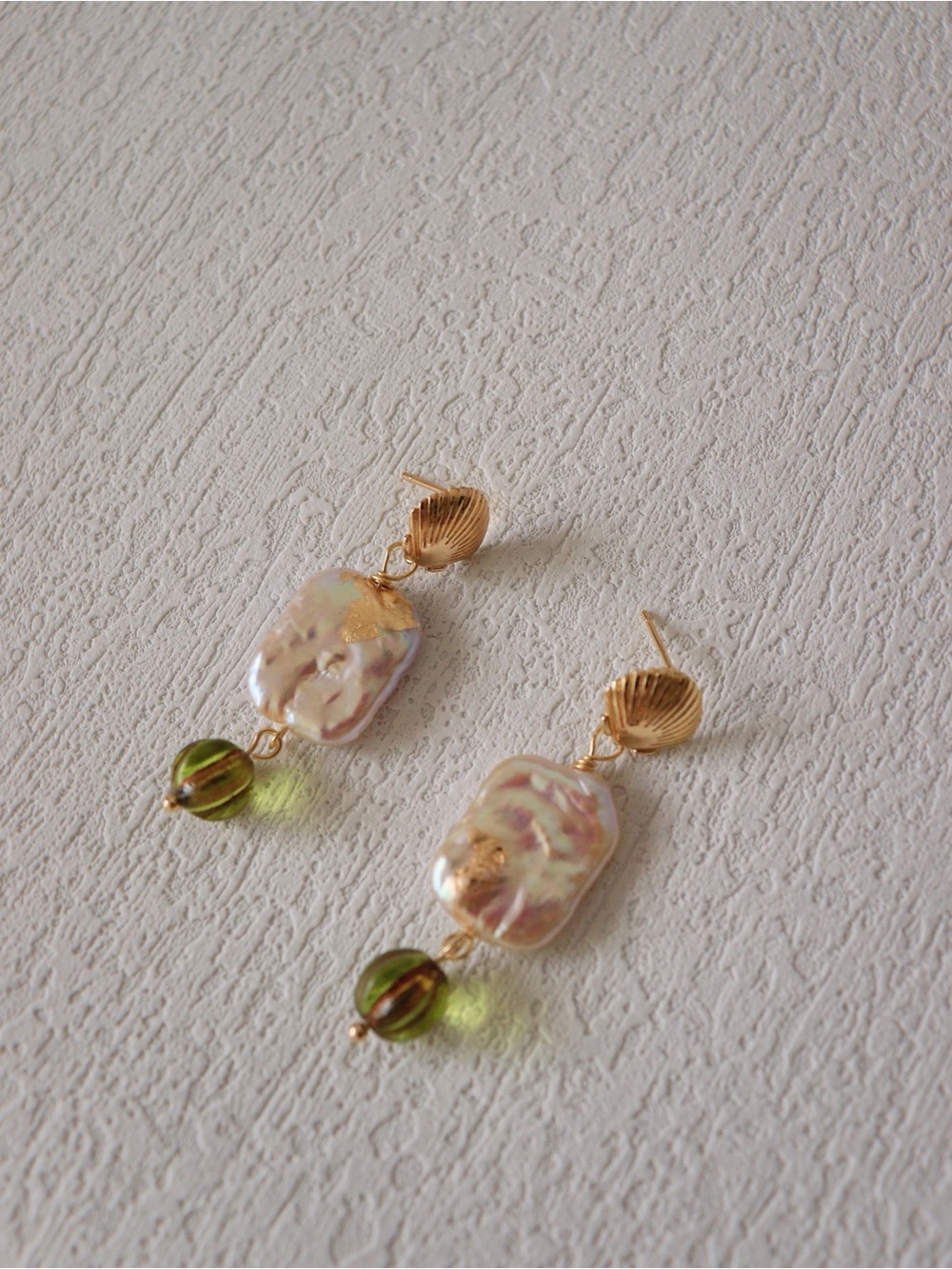 Handmade Freshwater Squared Pearl Drop Earrings with Olive glass beads